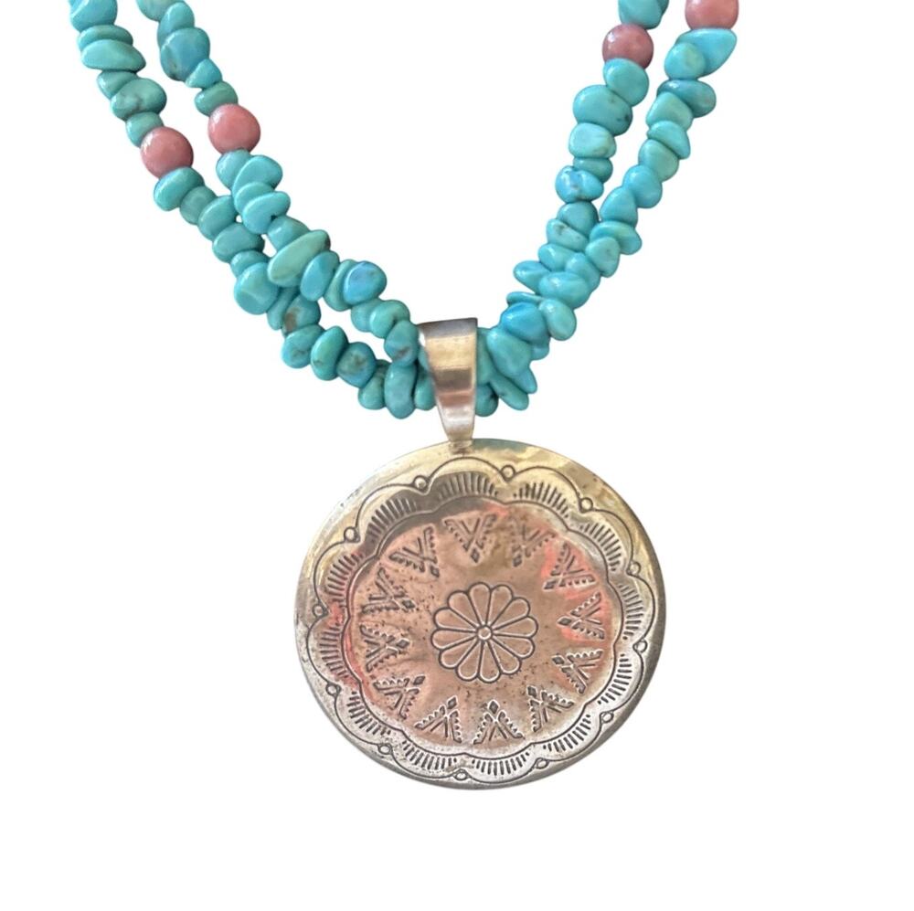 Maximalist vtg Navajo Sterling Silver Turquoise Coral Necklace Heishi Southwes